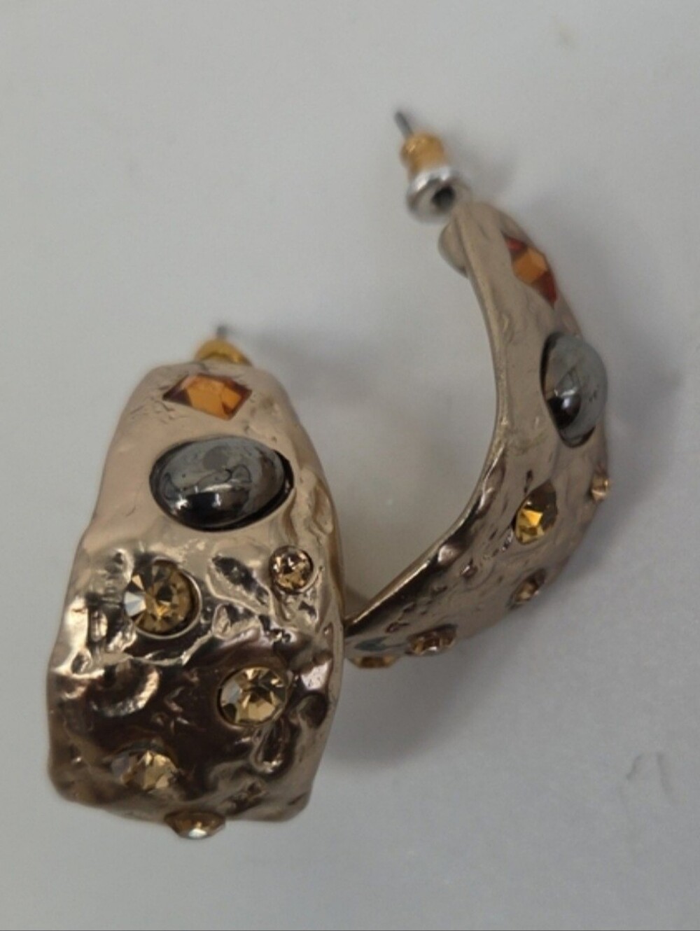 Gold-Tone Hoop Earrings with Amber and Smoky Crystal Accents